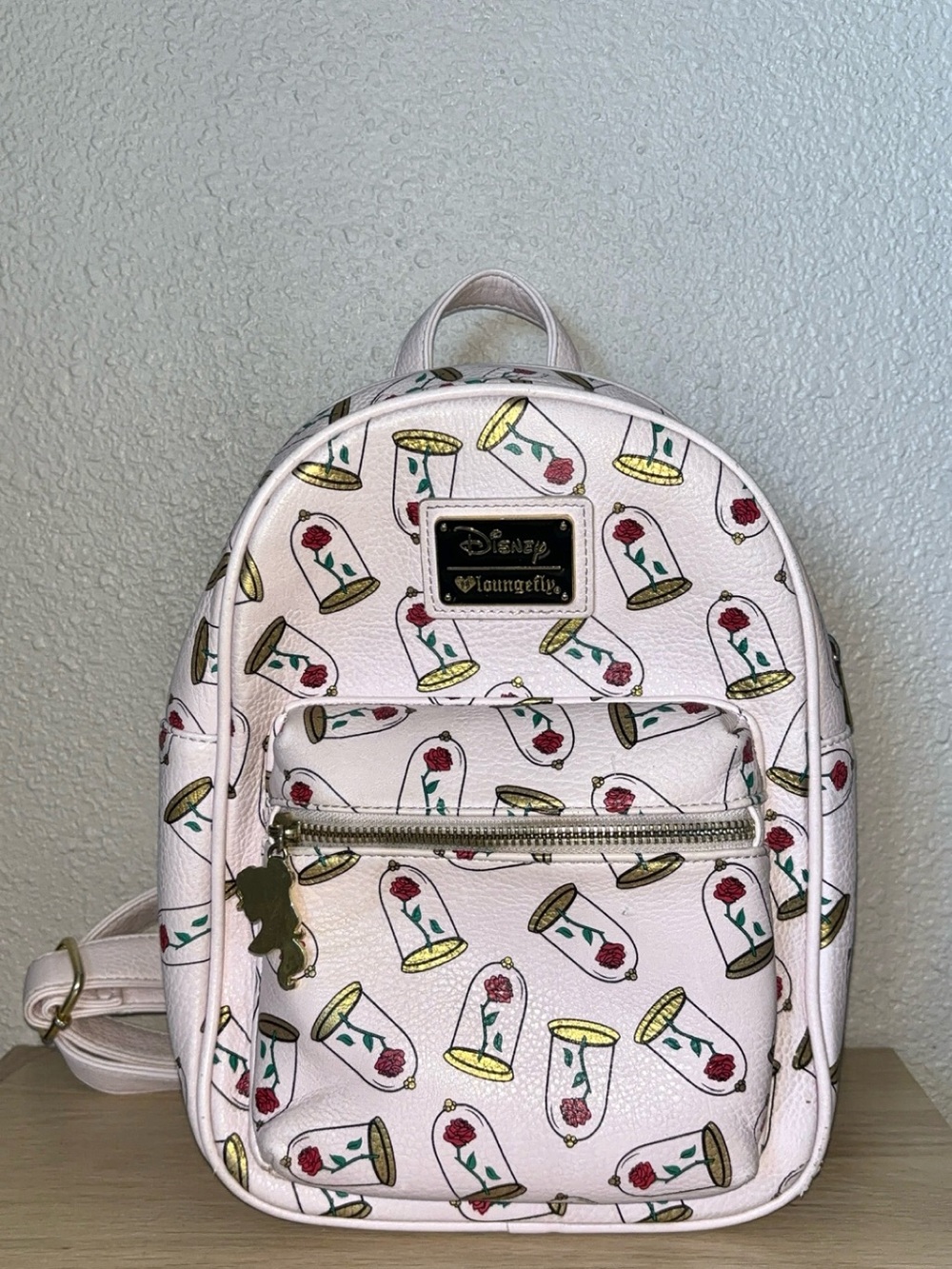 Rare 2018 Loungefly Disney Pink Mini Backpack with Red Rose & Gold Dome Print